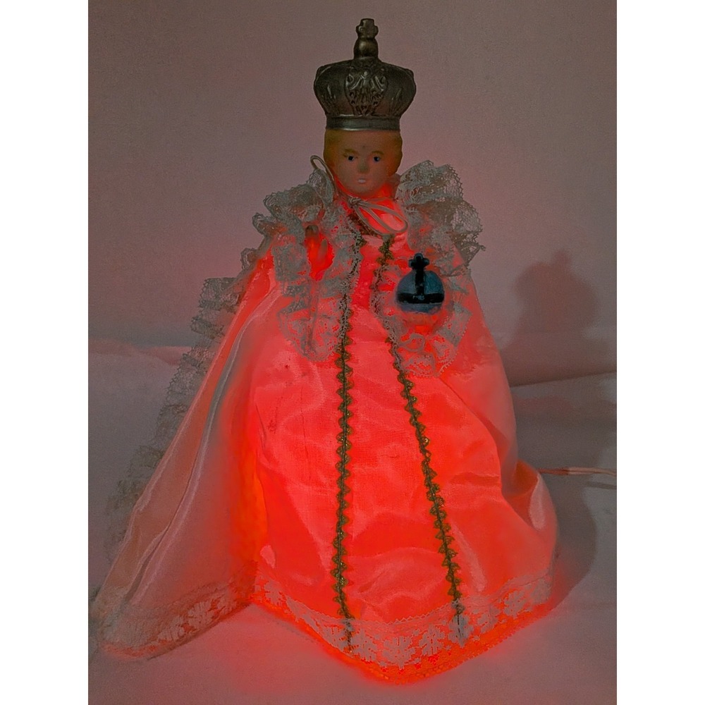 Vintage 12" Infant Of Prague Light Blow Mold Statue Crown Illuminated Lace Robe
